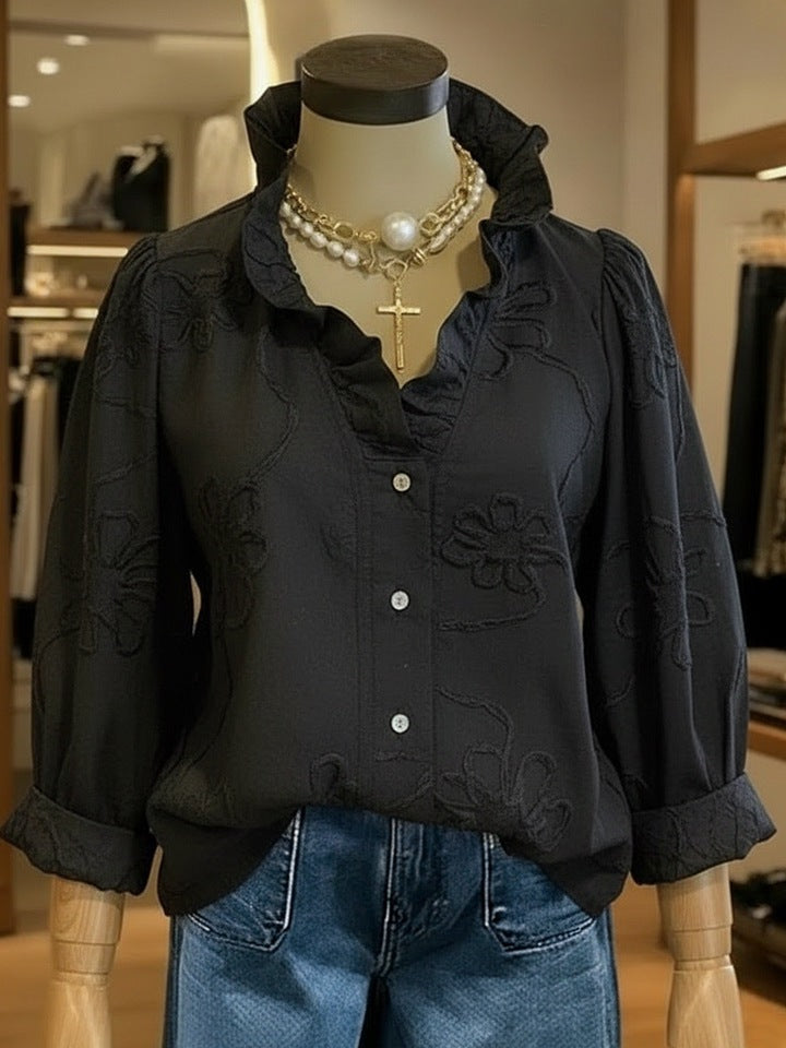 Damen elegante Bluse mit floralen Stickereien und voluminösen Ärmeln Lisslune