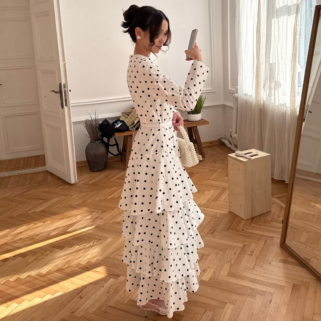 Women's maxi dress with ruffle details and fashionable polka dot design