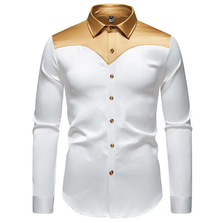 Men's Elegant Shiny Long Sleeve Shirt with Contrasting Collar Lisslune