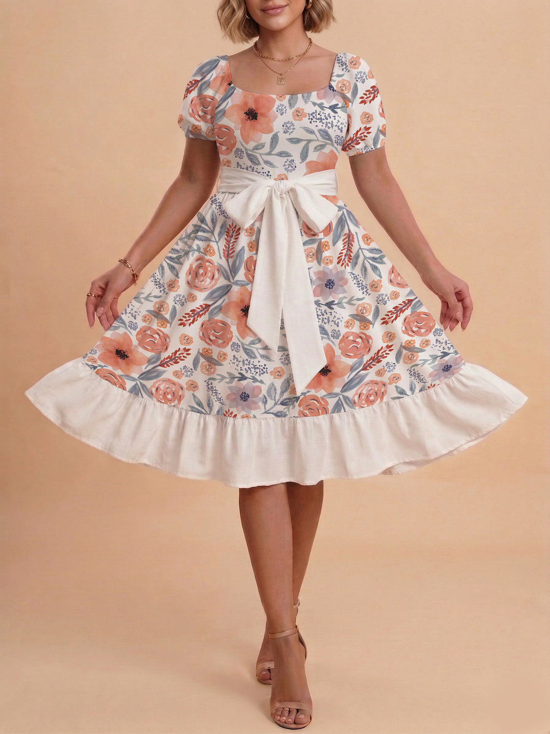 Women's floral dress with adjustable belt and voluminous sleeves Lisslune