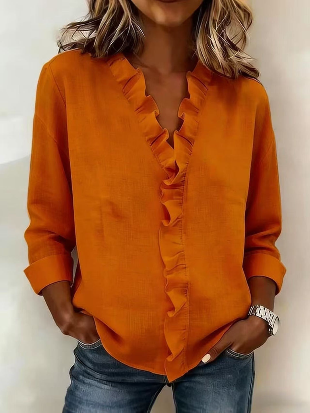 Women romantic blouse with ruffle details and V-neck Lisslune