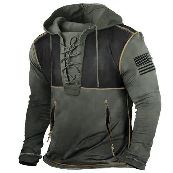 Men's hoodie with trendy lacing detail and American flag motif Lisslune