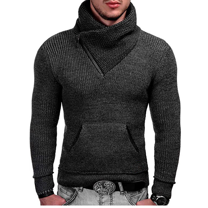 Men's Long Sleeve Hoodie with Asymmetric Zipper and Textured Knit Design Lisslune