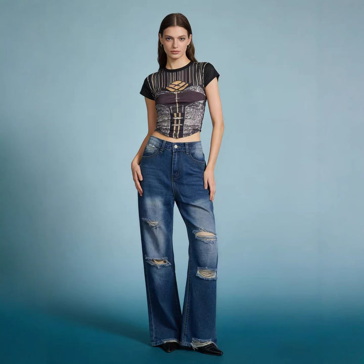 Damen weite Jeans mit stylischem Destroyed-Detail und bequemer Passform Lisslune