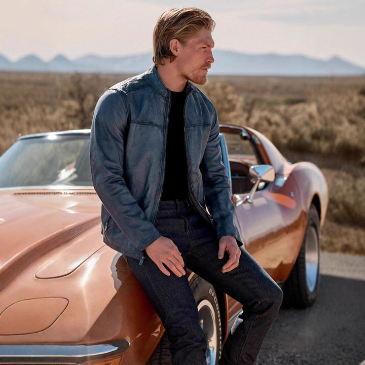 Men's leather jacket in classic design with practical pockets Lisslune