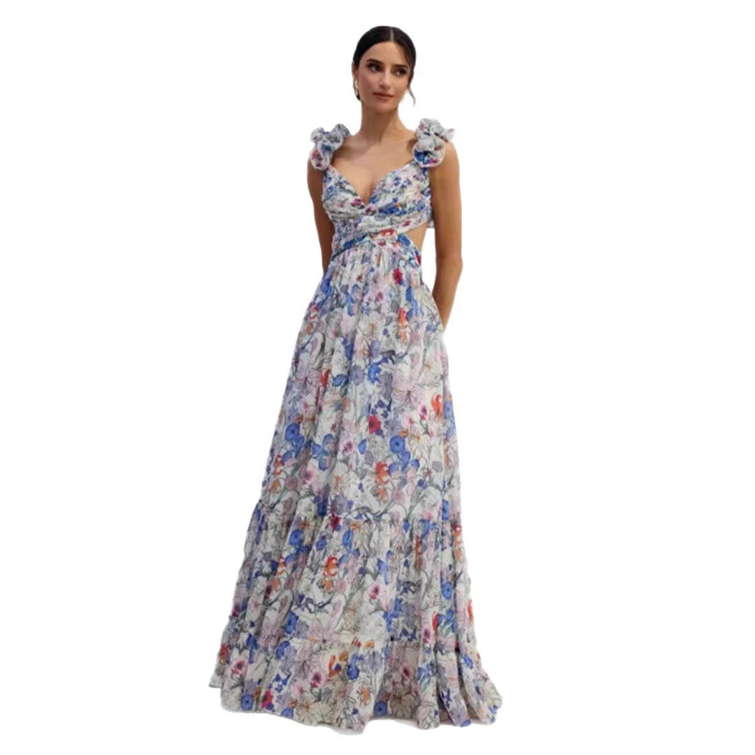 Women's maxi dress in romantic vintage style with a flowing skirt and ruffle details