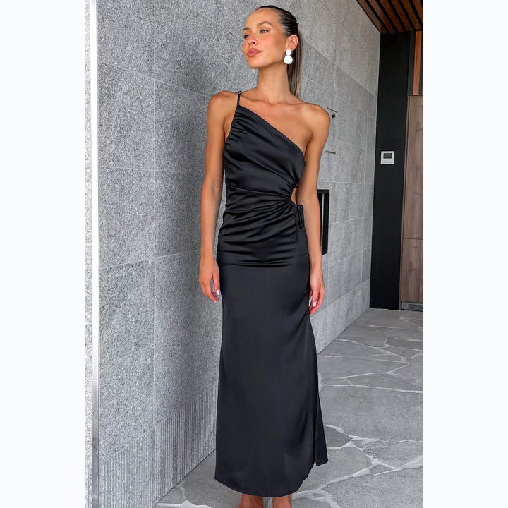 Women's Elegant Draped Maxi Dress with Asymmetrical Cut and High Slit Lune London