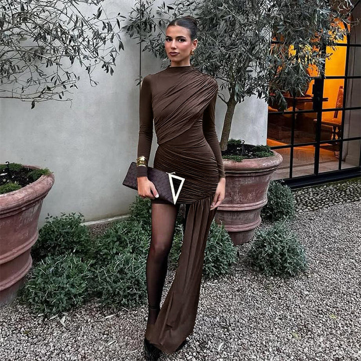 Ladies elegant wrap dress with asymmetrical hem and figure-hugging gathering Lune London