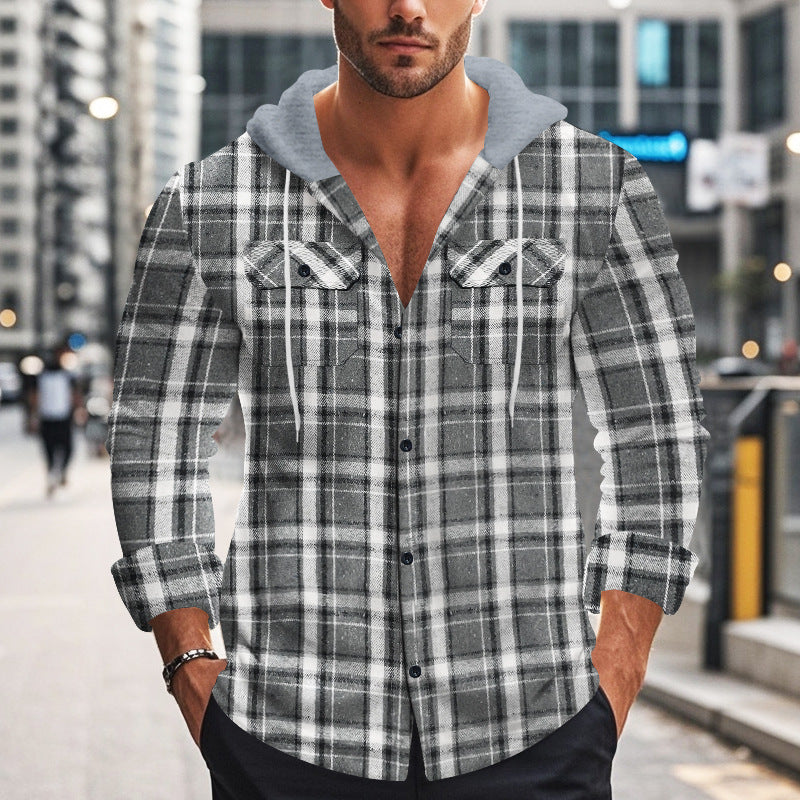 Men's Casual Check Pattern Shirt with Hood and Practical Pockets Lisslune