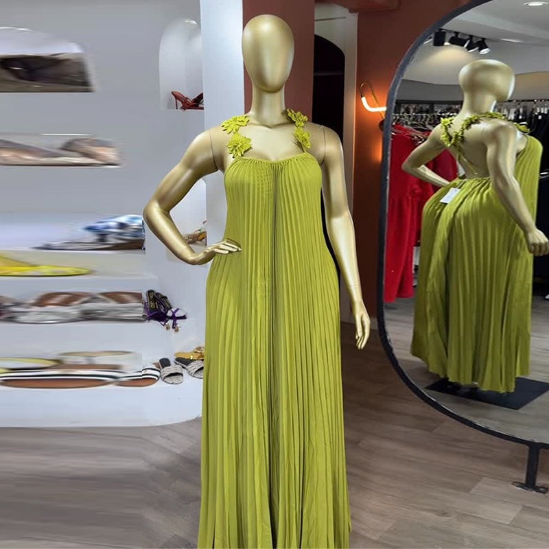 Damen Elegantes Maxikleid mit lässigem Faltenwurf und dekorativen Schulterblüten Lisslune