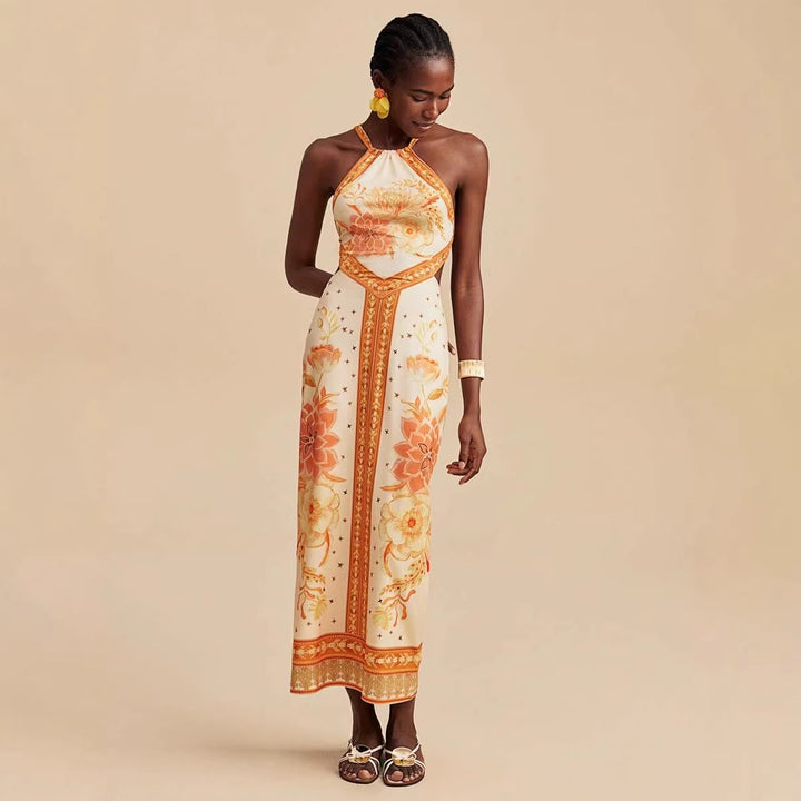 Women's maxi dress with exclusive halter design and floral print