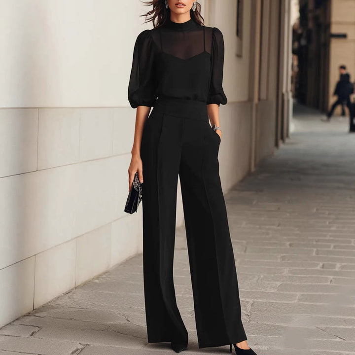 Damen elegantes Blusenset mit weiten Beinen und transparenten Ärmeln Lisslune