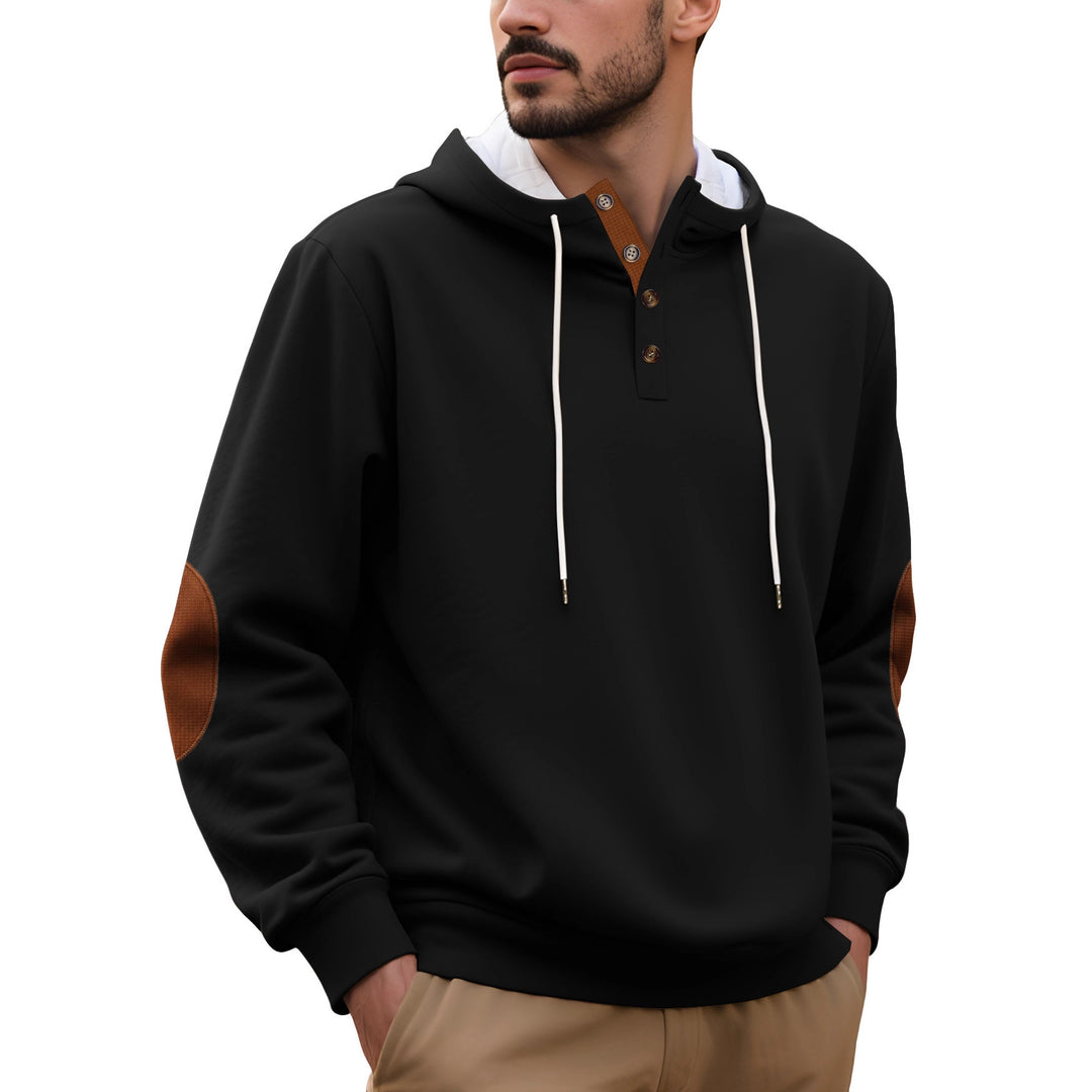 Men's hooded sweatshirt with modern button placket design and reinforced elbow patches Lisslune