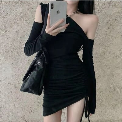 Women's Elegant Mini Dress with Asymmetrical Neckline and Figure-Hugging Gathering Effect