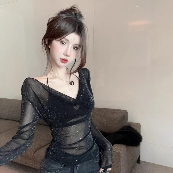 Women's sparkling long-sleeve top with deep V-neck and transparent details Lisslune