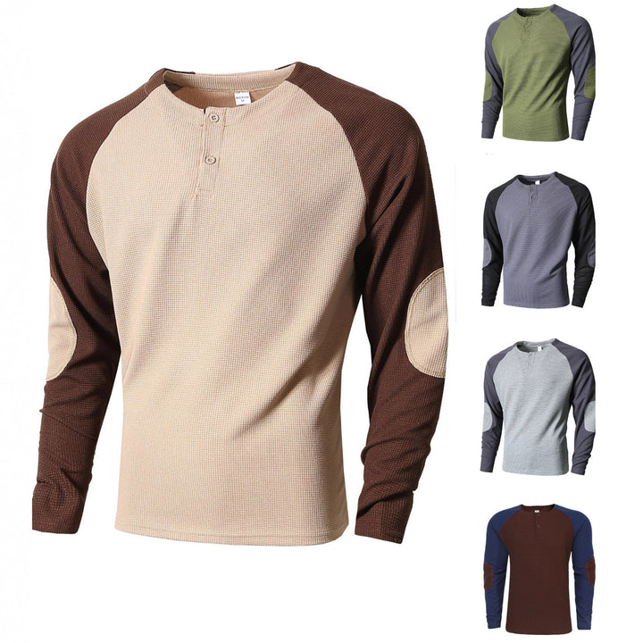 Men's long sleeve shirt with fashionable Henley neckline and textured sleeves Lisslune