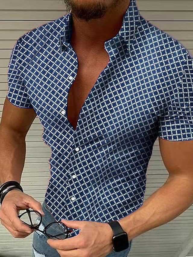 Men's Short Sleeve Shirt with Modern Check Pattern and Breathable Cotton Blend Lisslune