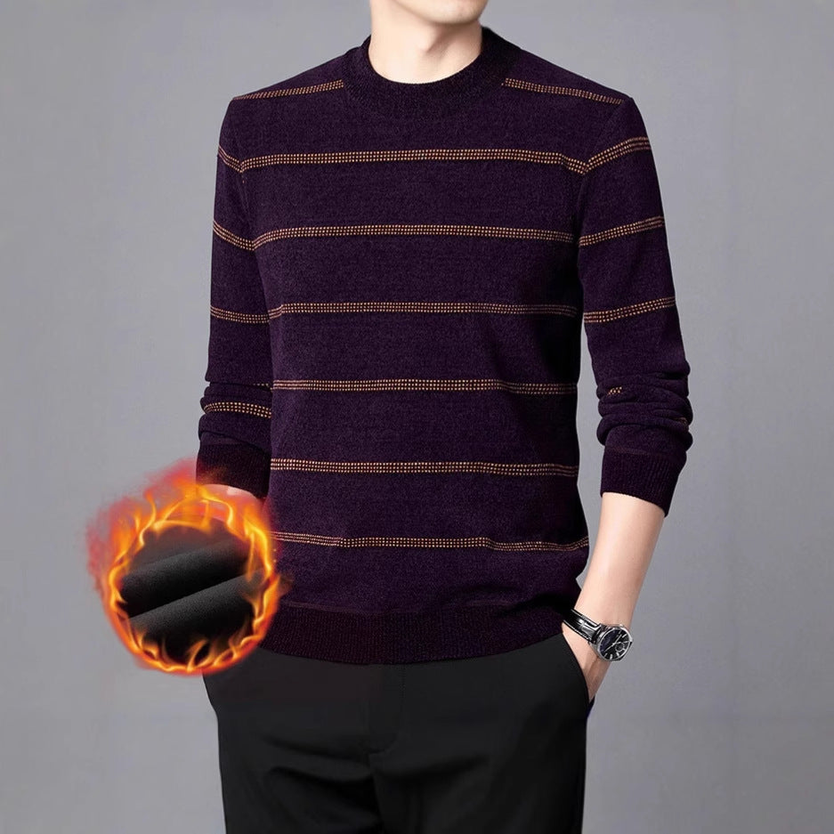 Men's elegant crew neck sweater with fine stripe pattern and warming inner lining Lisslune