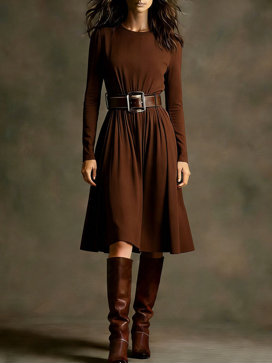 Women Elegant Dress with Long Sleeve and Waist Belt Lisslune
