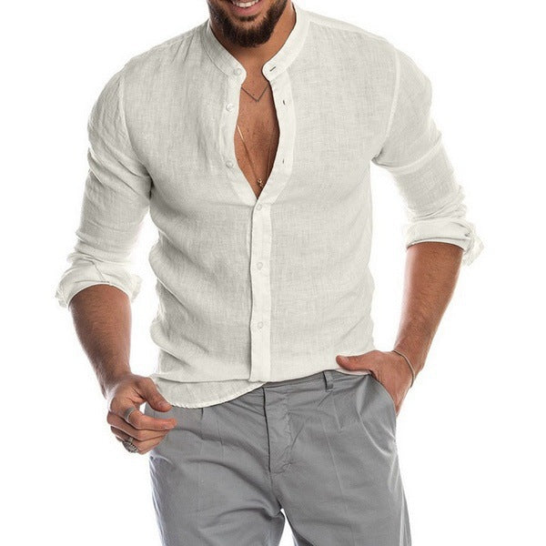 Men's linen shirt with modern stand-up collar and classic button detail Lisslune