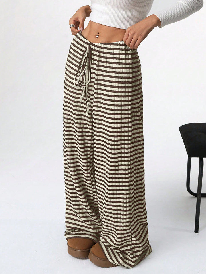 Women’s Casual Wide-Cut Striped Trousers with Elastic Waist Lisslune