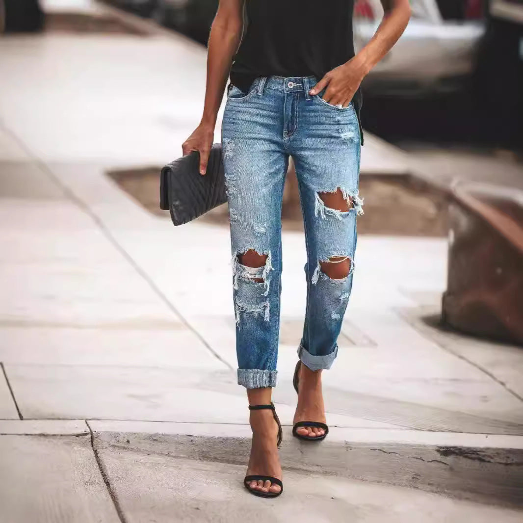 Women Destroyed Boyfriend Jeans in casual style with high tear details Lisslune