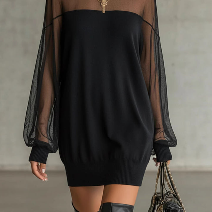 Women's Airy Mini Dress with Transparent Sleeve Parts and Stylish High Neck Lisslune