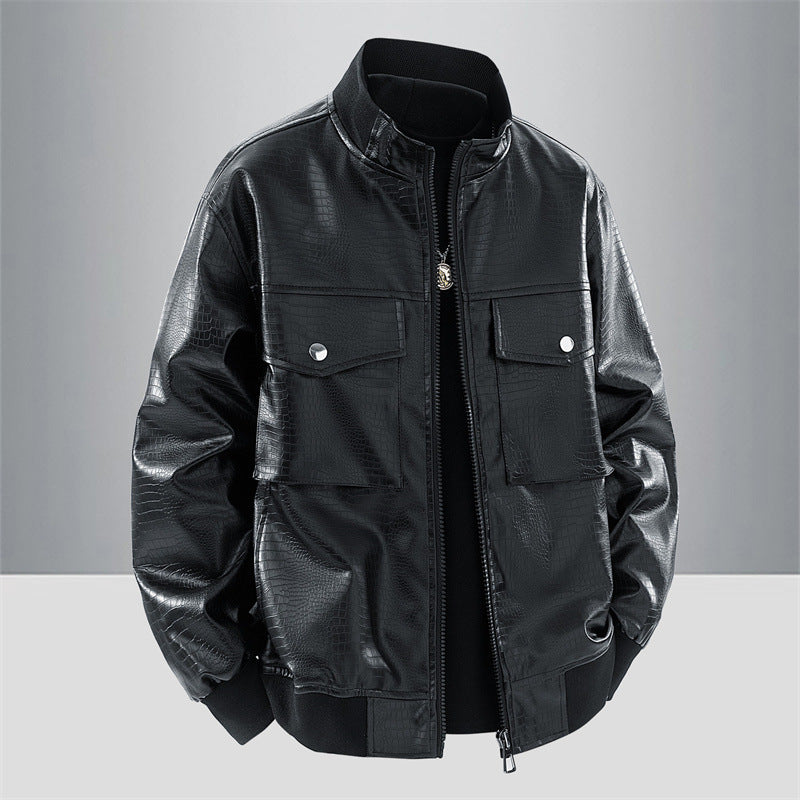 Men's Biker Jacket Made Of Synthetic Leather with Crocodile Embossing Lisslune