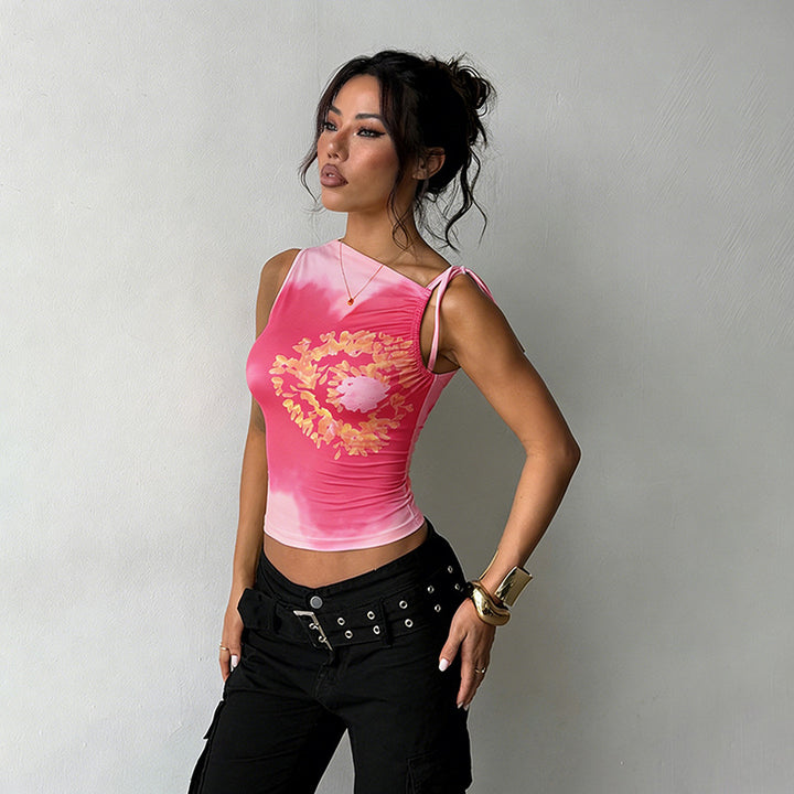 Ladies fitted tank top with floral pattern and fine ruffle details Lune London