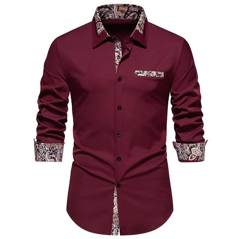 Men's long-sleeve shirt with detailed paisley pattern on collar and cuffs Lisslune