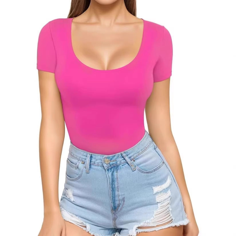 Damen figurbetontes Kurzarm-Body mit rundem Ausschnitt und nahtlosem Design Lisslune