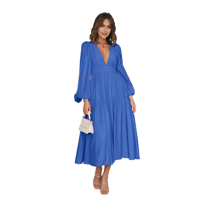 Women's long-sleeve maxi dress with deep V-neck and wide skirt Lune London