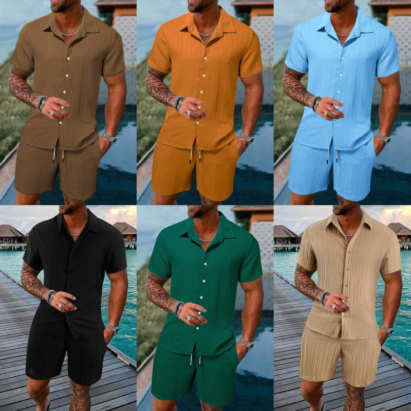 Men's short-sleeve leisure suit with textured design and elastic waistband Lisslune