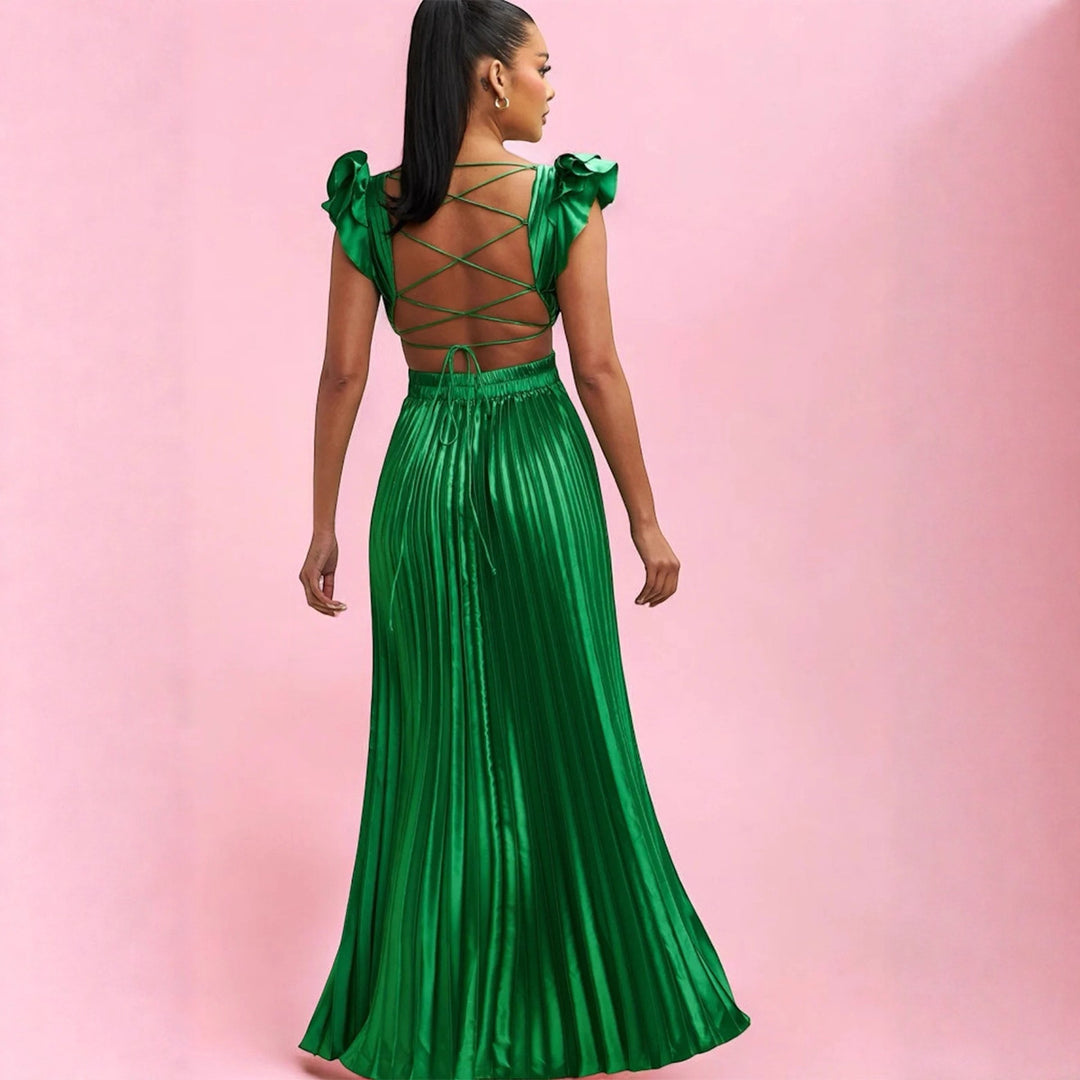 Ladies Glamorous Pleated Maxi Dress with Deep V-Neck and Puff Sleeves Lisslune