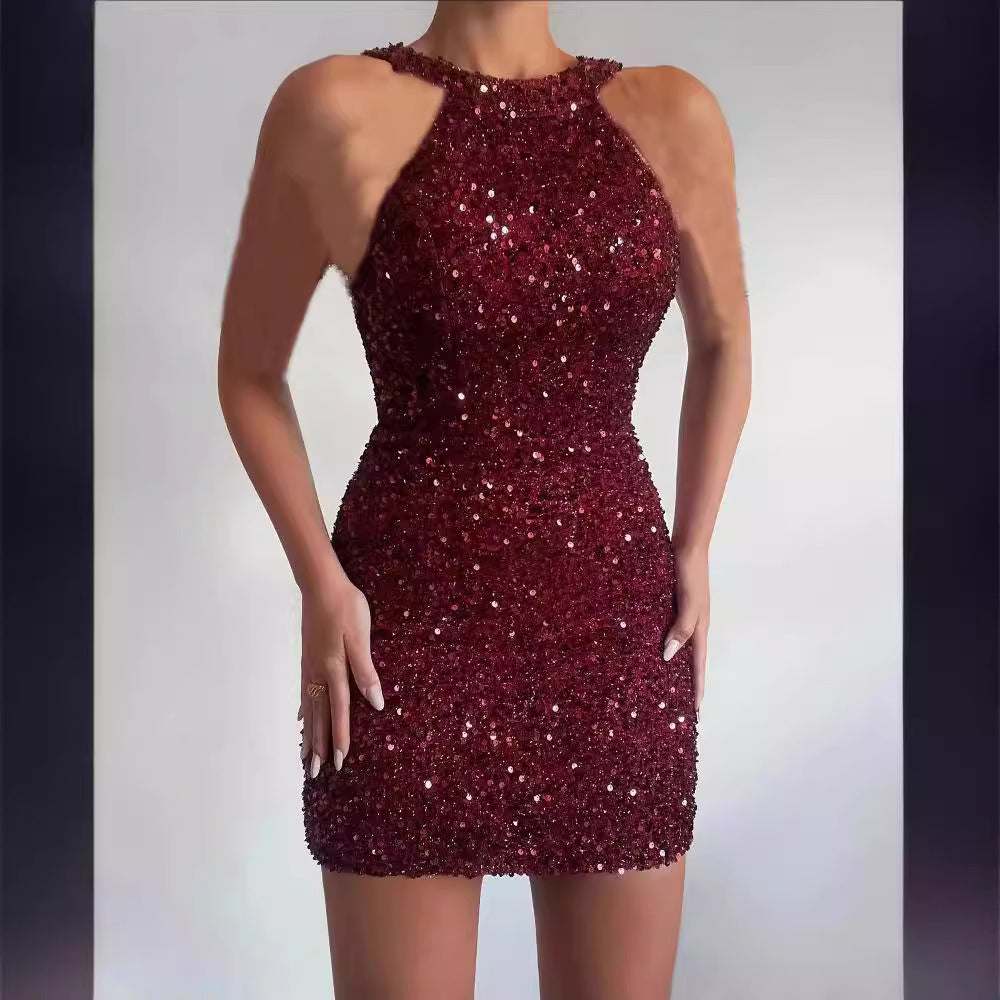 Ladies Glittering Mini Dress with Half Neckline and Bodycon Fit