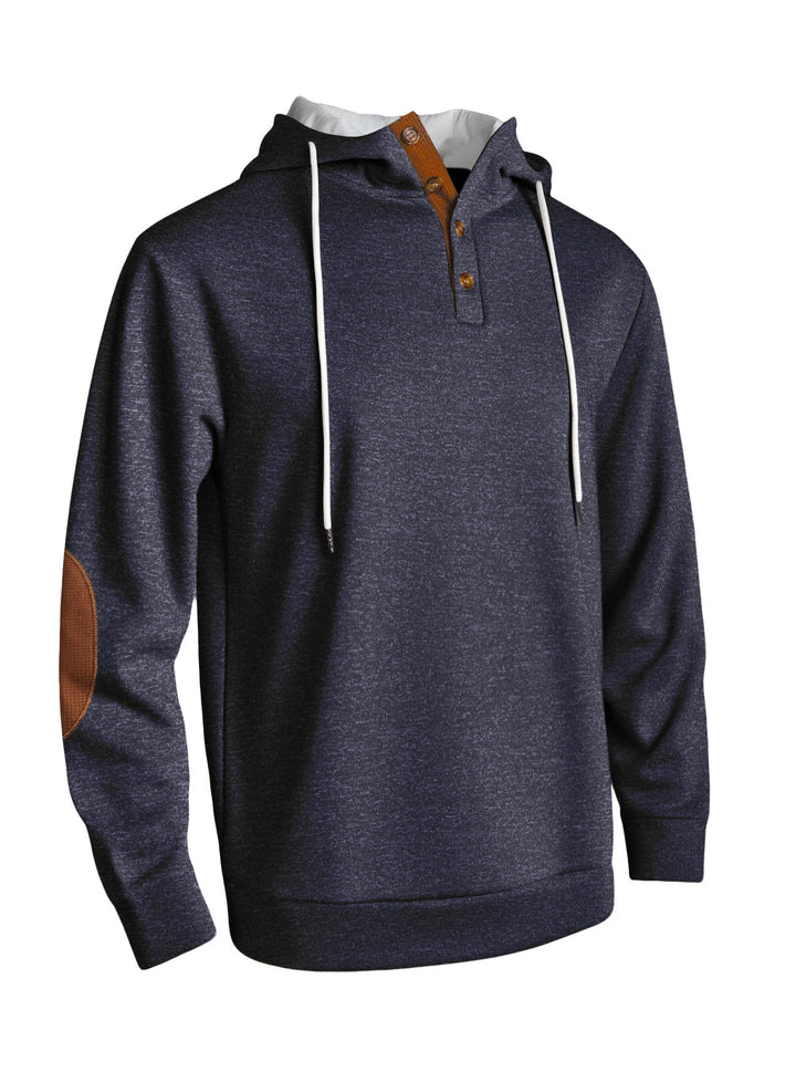 Men's hooded sweatshirt with modern button placket design and reinforced elbow patches Lisslune