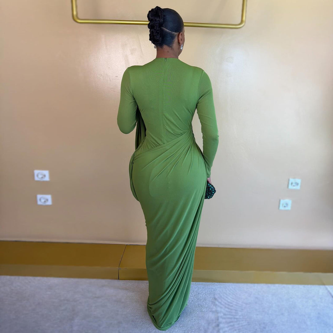 Ladies maxidress with innovative draping and figure-hugging cut