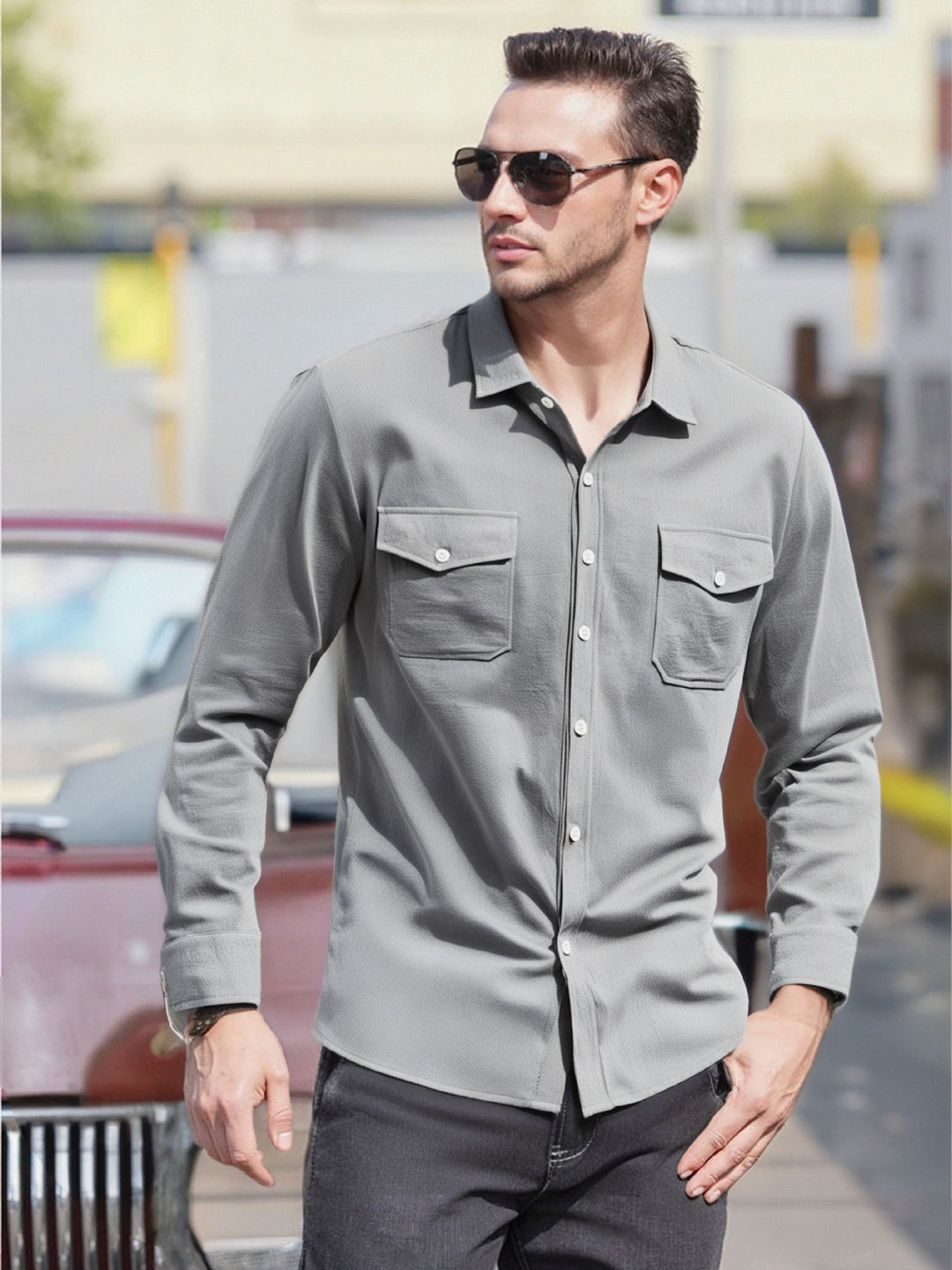 Men's Casual Long Sleeve Shirt with Practical Chest Pockets and Modern Cut Lisslune