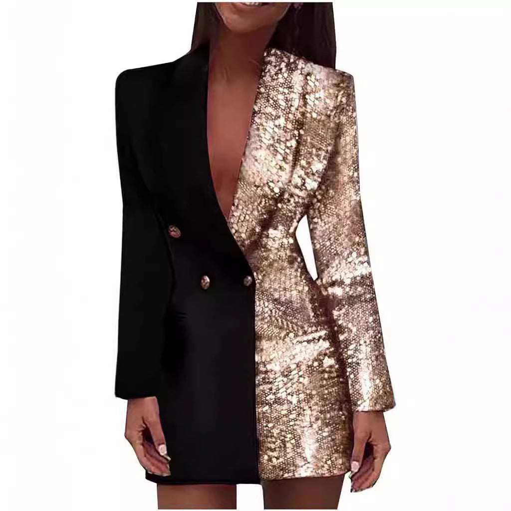 Women's Glamorous Blazer Dress with Shimmering Effect and Deep Neckline