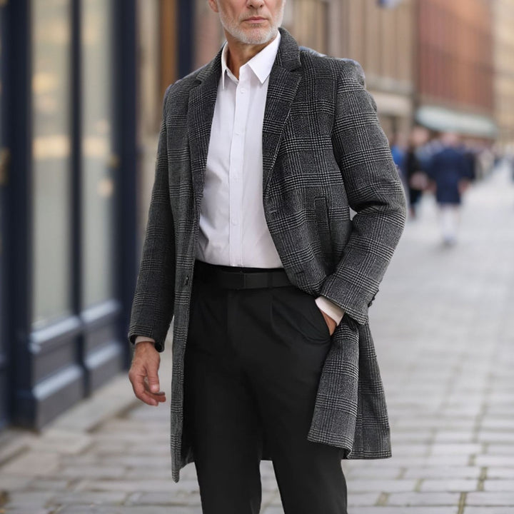 Men's Long Cut Wool Coat with Check Pattern Lisslune