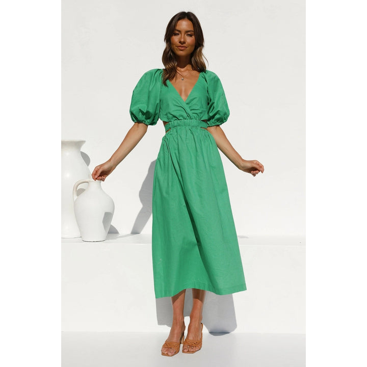 Women's maxi dress with elegant V-neck and puff sleeve details Lune London