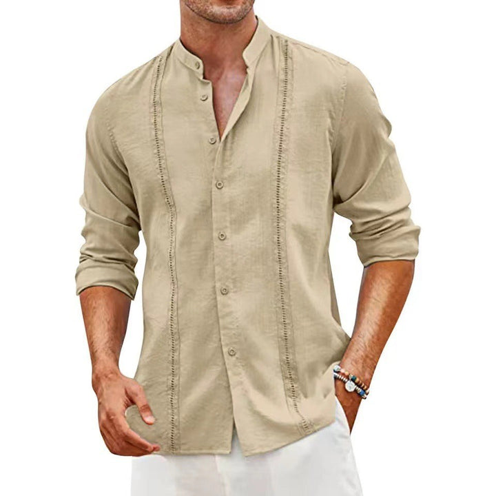 Men's Long Sleeve Linen Shirt with Stand Collar and Fine Embroidery Details Lisslune