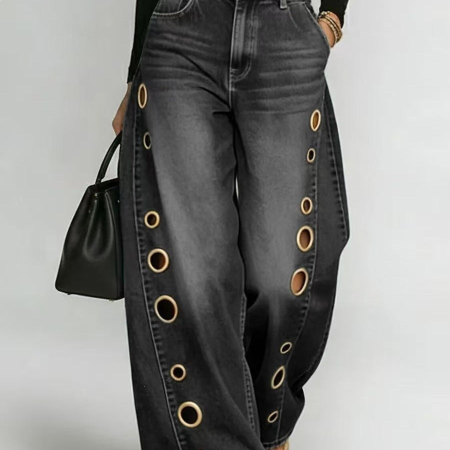 Women's Wide-Cut Jeans with Decorative Eyelets and High Waist Lisslune