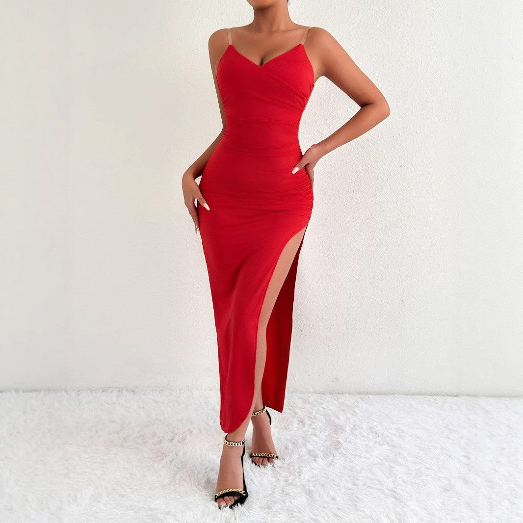 Damen Elegantes Maxikleid mit seitlichem Schlitz und feinen Trägern Lisslune