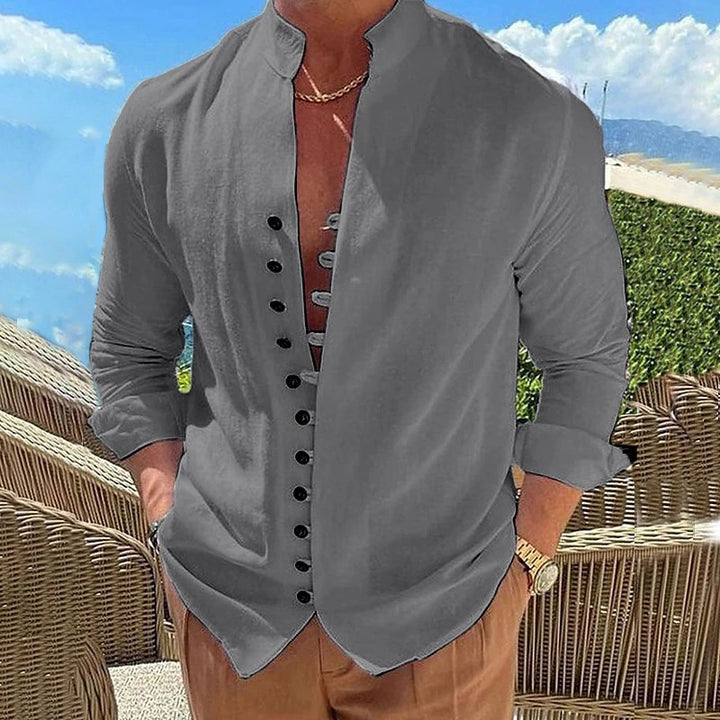 Men's casual long sleeve shirt with stand-up collar and full button placket Lisslune