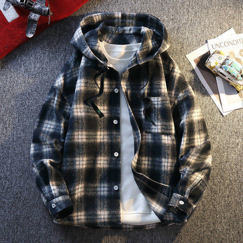 Men's Checked Flannel Jacket with Hood and Button Closure Lisslune