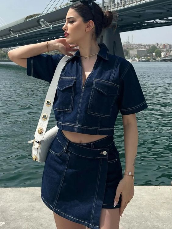 Women's Fashion Denim Crop Top and Skirt Set Lisslune