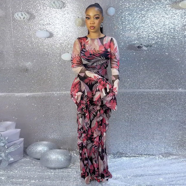 Women's maxi dress with transparent sleeves and floral pattern