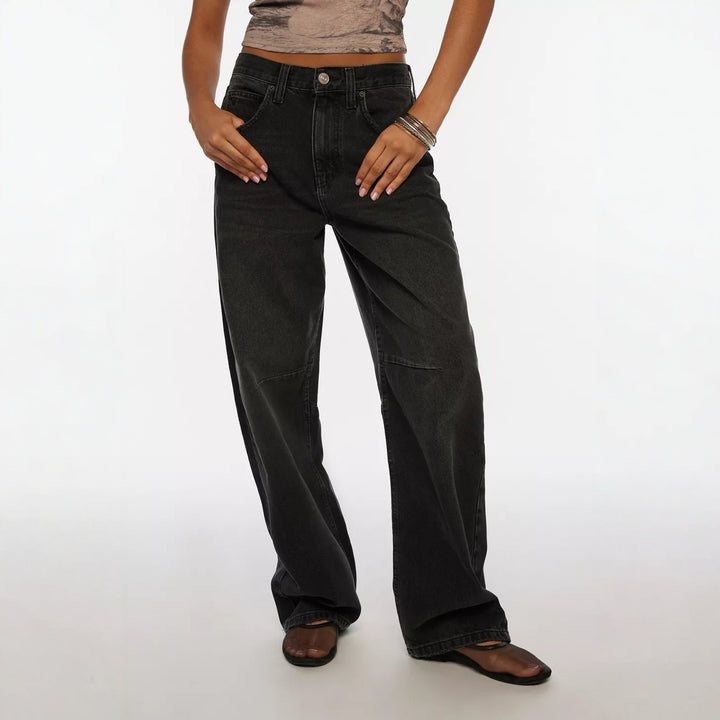 Women's casual wide jeans with high-rise waistband and side pockets Lisslune