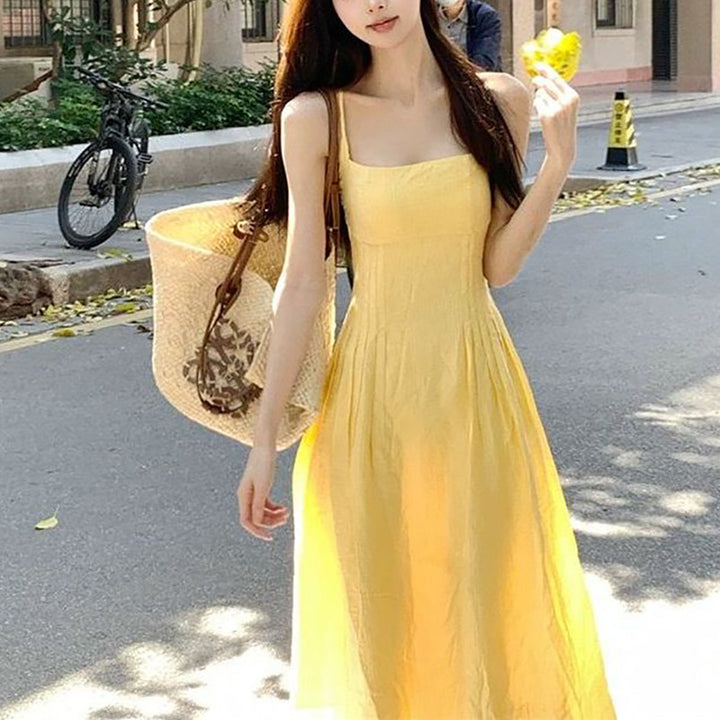 Women Long Sleeve Midi Dress with Narrow Spaghetti Straps and Tailored Cut